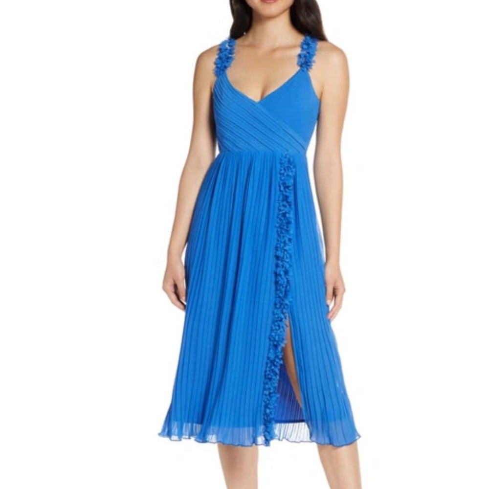 NWT Foxiedox Blue Floral Embellished Pleated Front Slit Cocktail Midi Dress XS